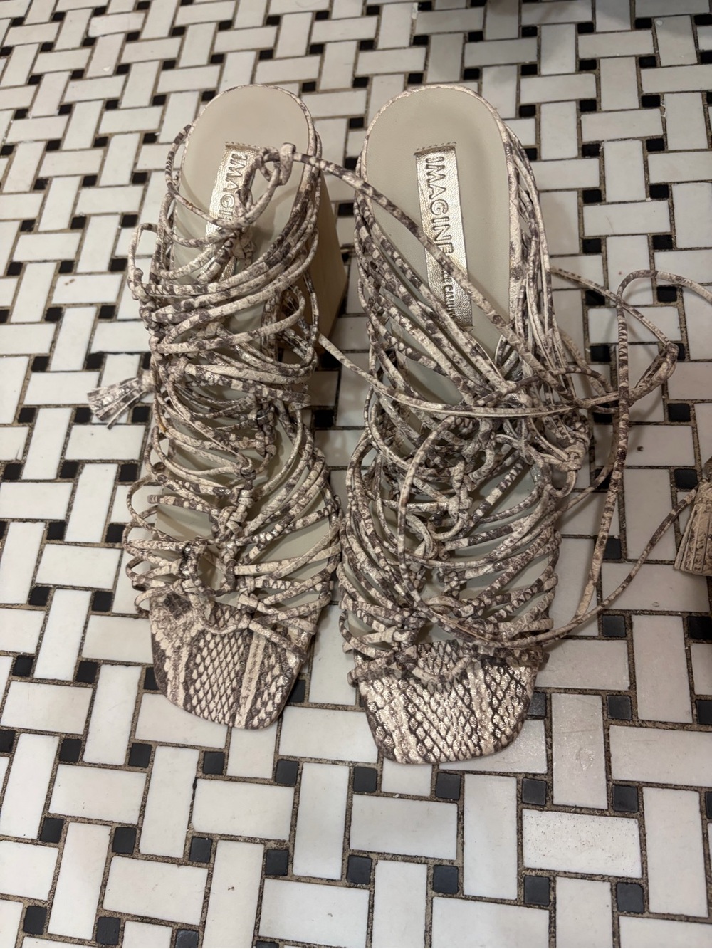 Vince Camuto Imagine Bennie Beige Snake-Print Lace-Up Heeled Sandals